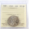 1920 Canada 25-cents ICCS Certified VF30