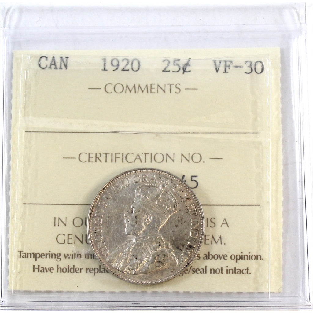 1920 Canada 25-cents ICCS Certified VF30
