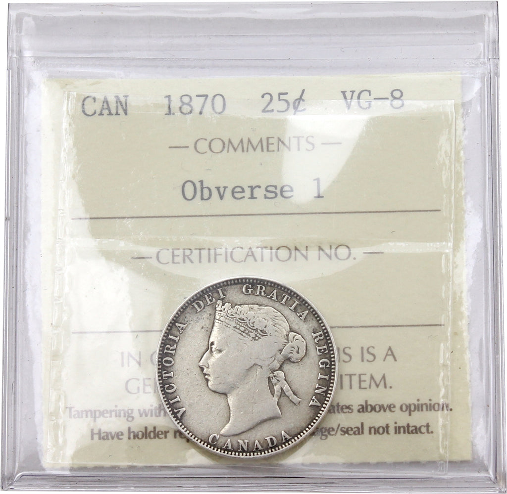 1870 Obv. 1 Canada 25-cents ICCS Certified VG8
