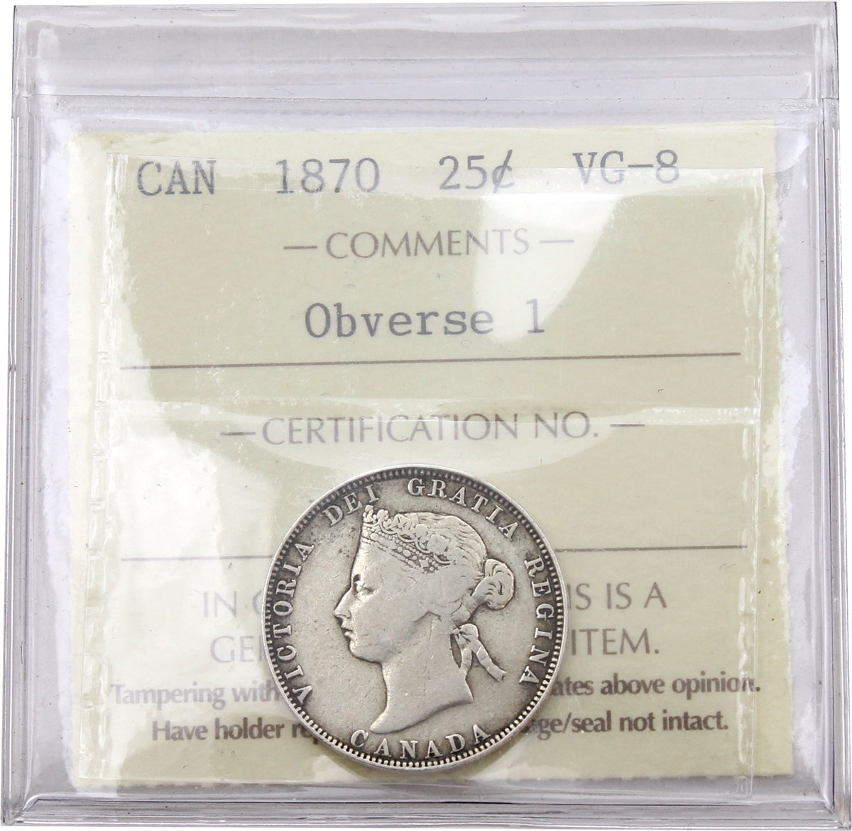 1870 Obv. 1 Canada 25-cents ICCS Certified VG8