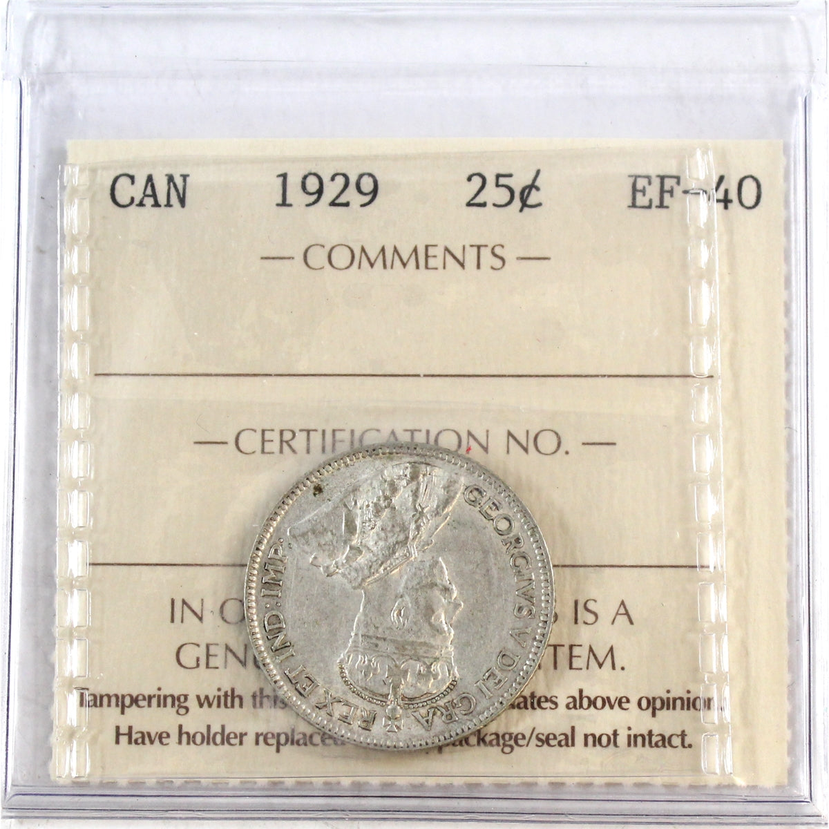 1929 Canada 25-cents ICCS Certified EF40