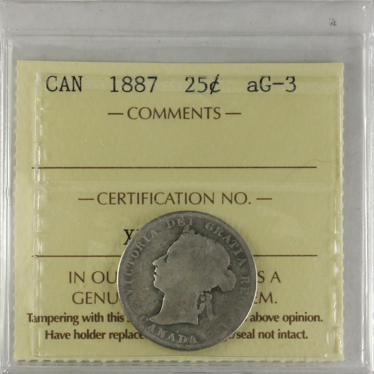 1887 Canada 25-cents ICCS Certified AG3