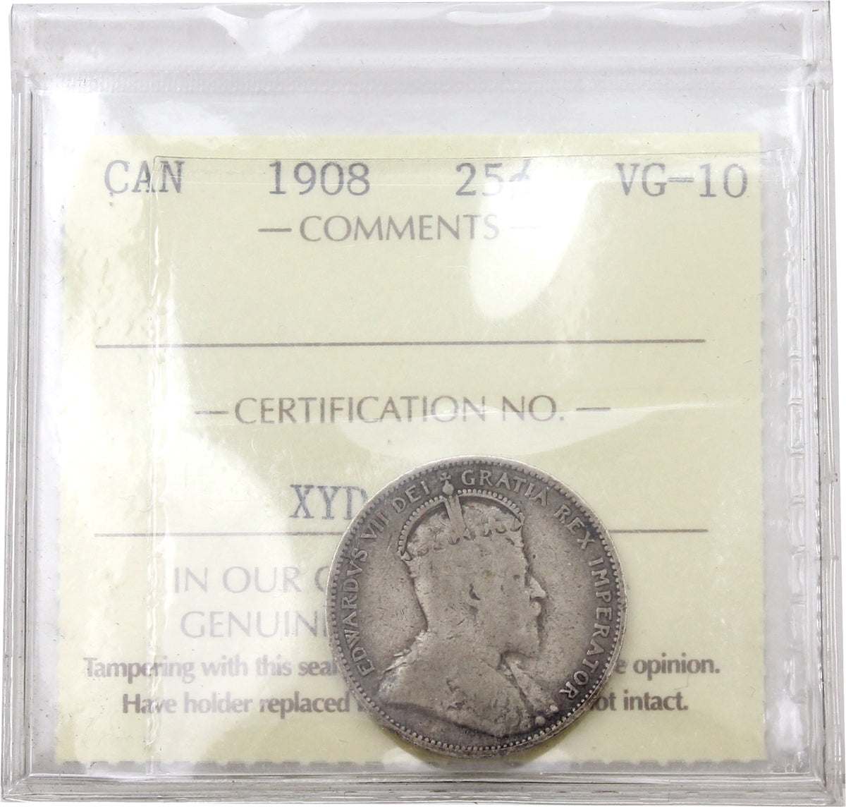 1908 Canada 25-cents ICCS Certified VG10