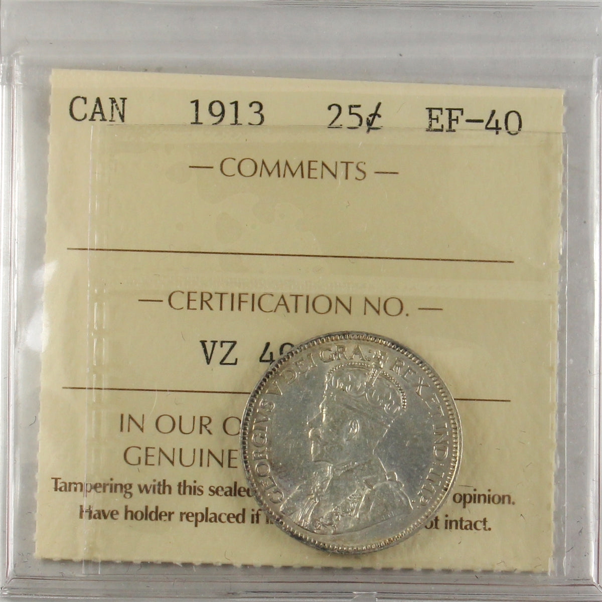 1913 Canada 25-cents ICCS Certified EF40