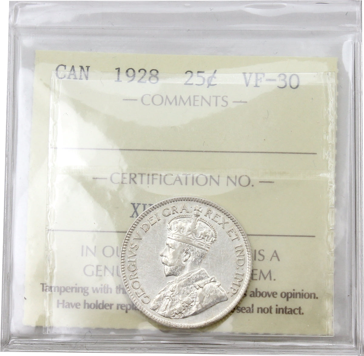 1928 Canada 25-cents ICCS Certified VF30