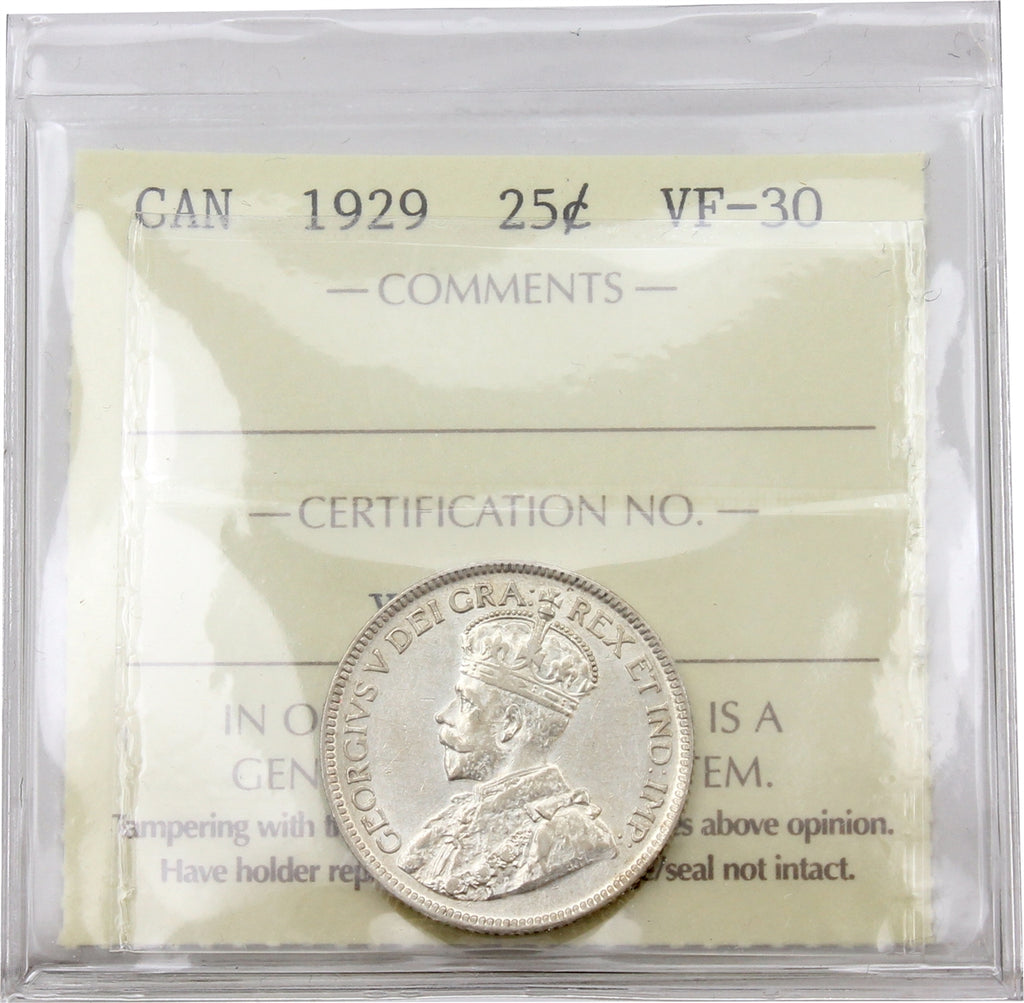 1929 Canada 25-cents ICCS Certified VF30