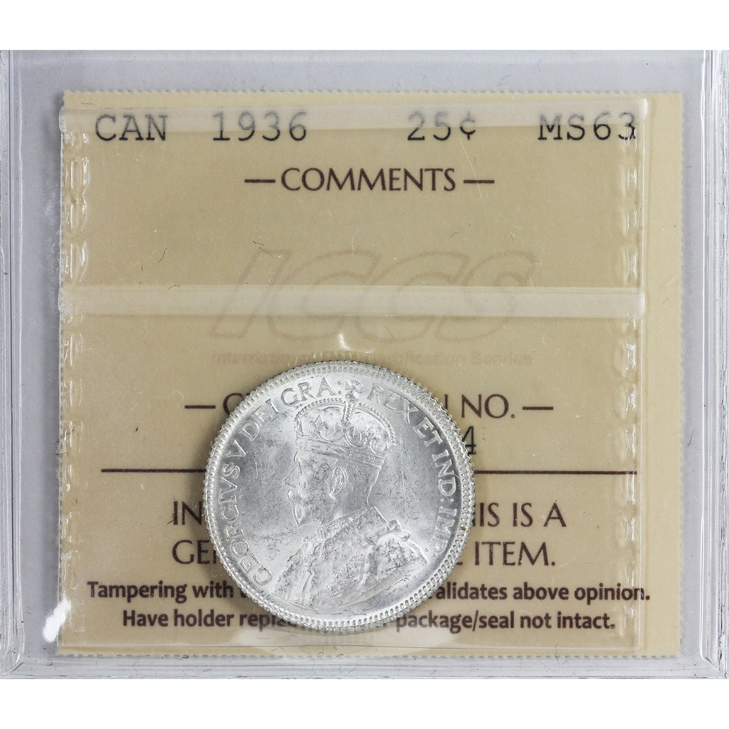 1936 Canada 25-cents ICCS Certified MS63 (XXR 604)