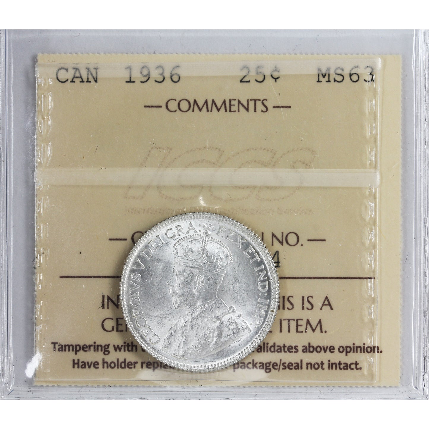 1936 Canada 25-cents ICCS Certified MS63 (XXR 604)