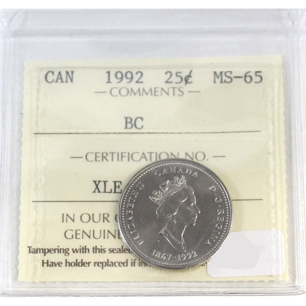 1992 British Columbia Canada 25-cents ICCS Certified MS65