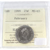 1999 February Canada 25-cents ICCS Certified MS65