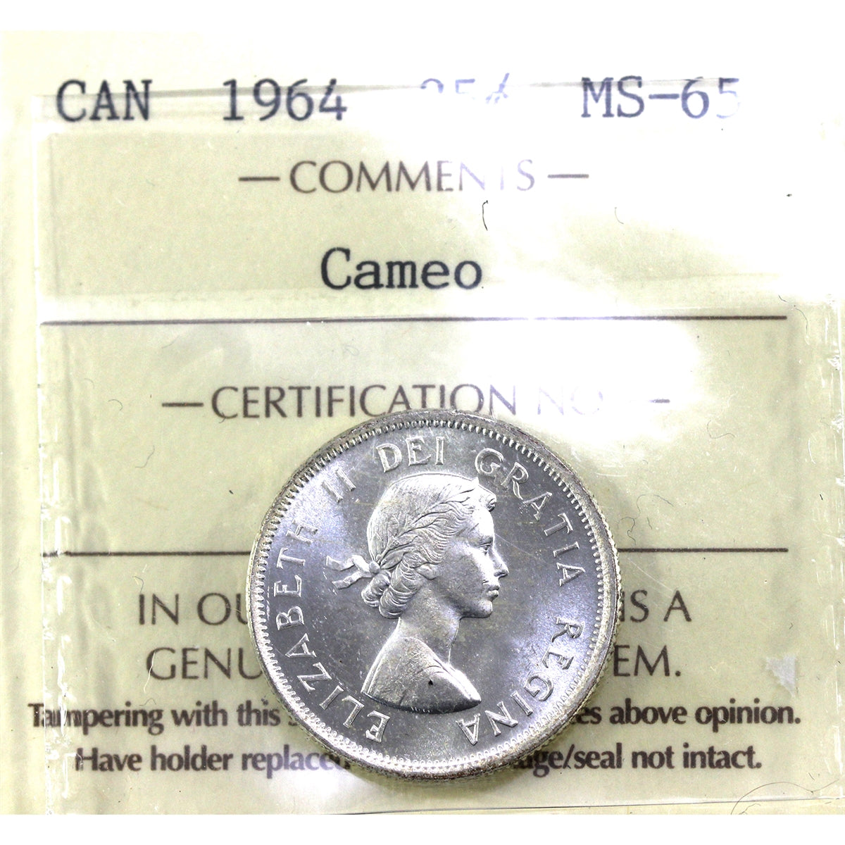 1964 Canada 25-cents ICCS Certified MS65 Cameo