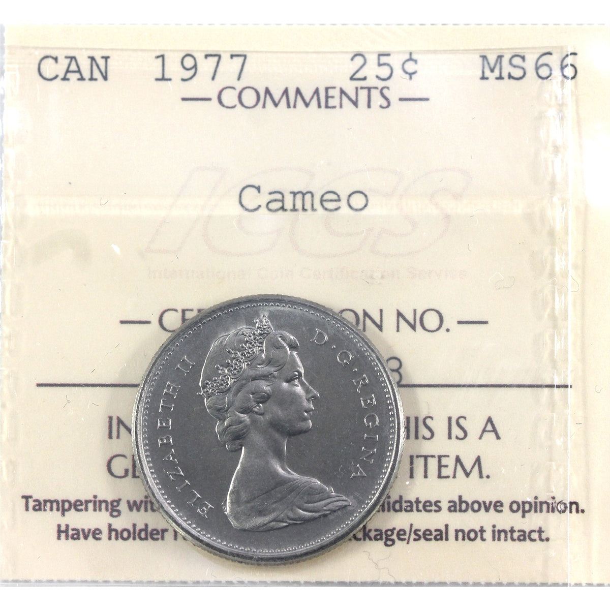 1977 Canada 25-cents ICCS Certified MS66 Cameo