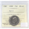 1999 April Canada 25-cents ICCS Certified MS65