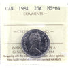 1981 Canada 25-cents ICCS Certified MS-64