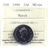 1999 March Canada 25-cents ICCS Certified MS64