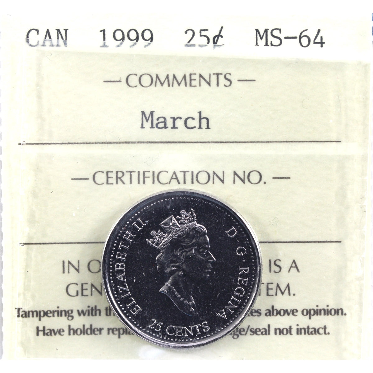 1999 March Canada 25-cents ICCS Certified MS64