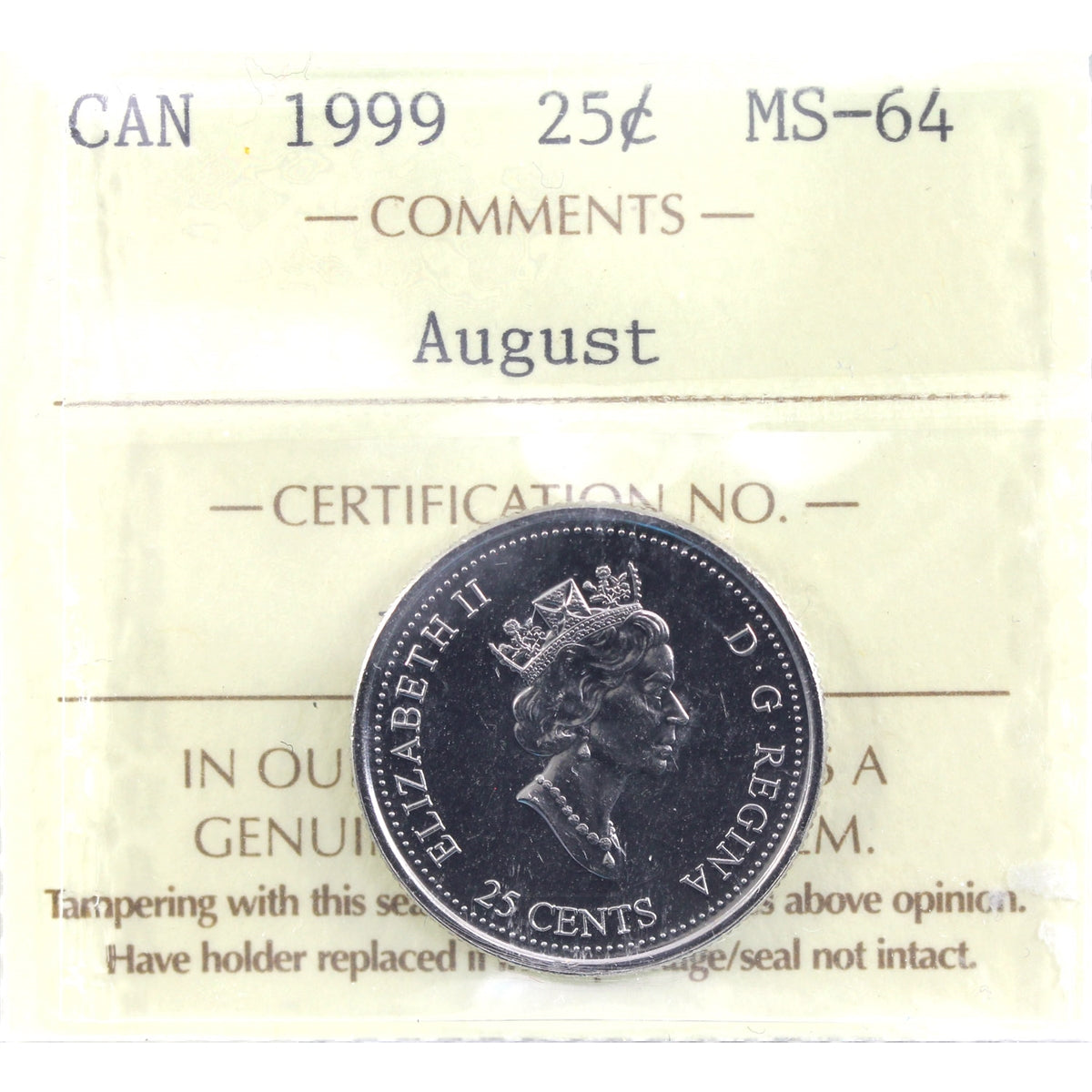 1999 August Canada 25-cents ICCS Certified MS64