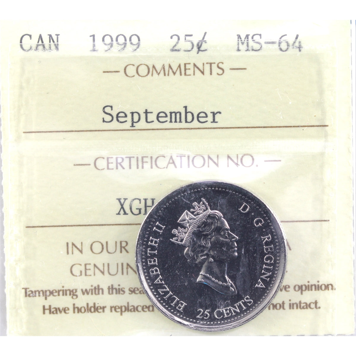 1999 September Canada 25-cents ICCS Certified MS64