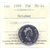 1999 October Canada 25-cents ICCS Certified MS64