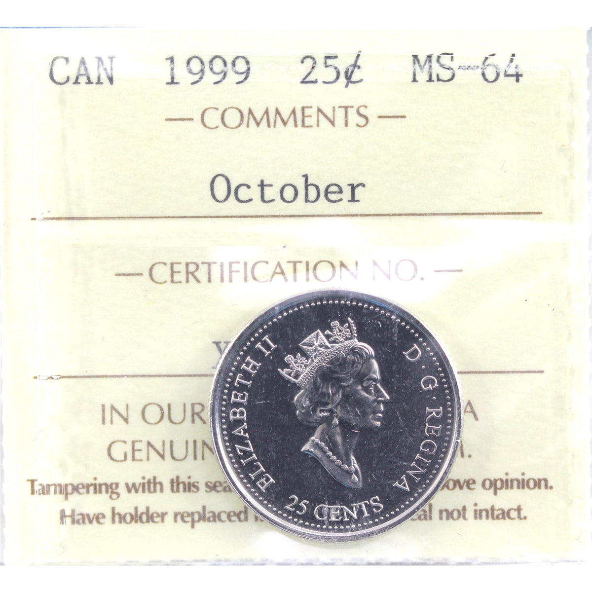 1999 October Canada 25-cents ICCS Certified MS64