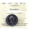 1999 November Canada 25-cents ICCS Certified MS-64