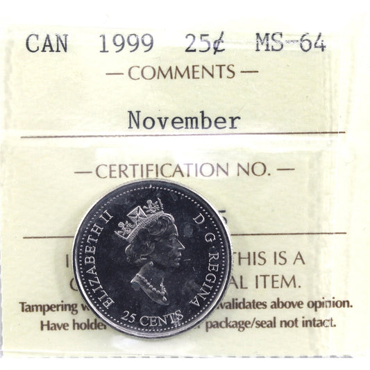 1999 November Canada 25-cents ICCS Certified MS-64