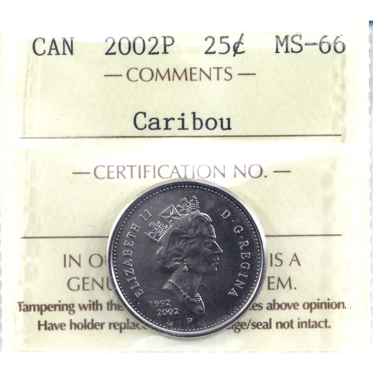 2002P Caribou Canada 25-cents ICCS Certified MS66