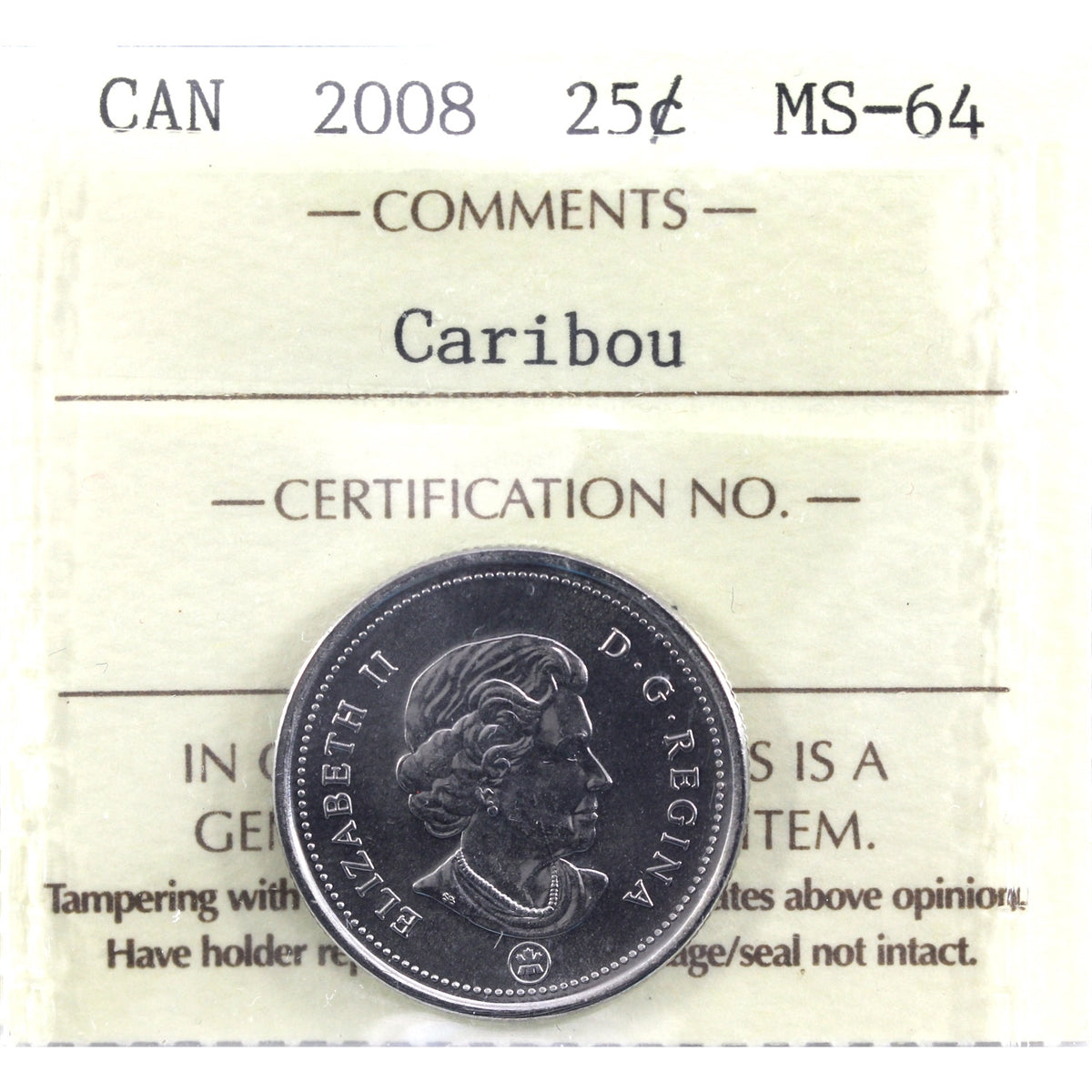2008 Caribou Canada 25-cents ICCS Certified MS64