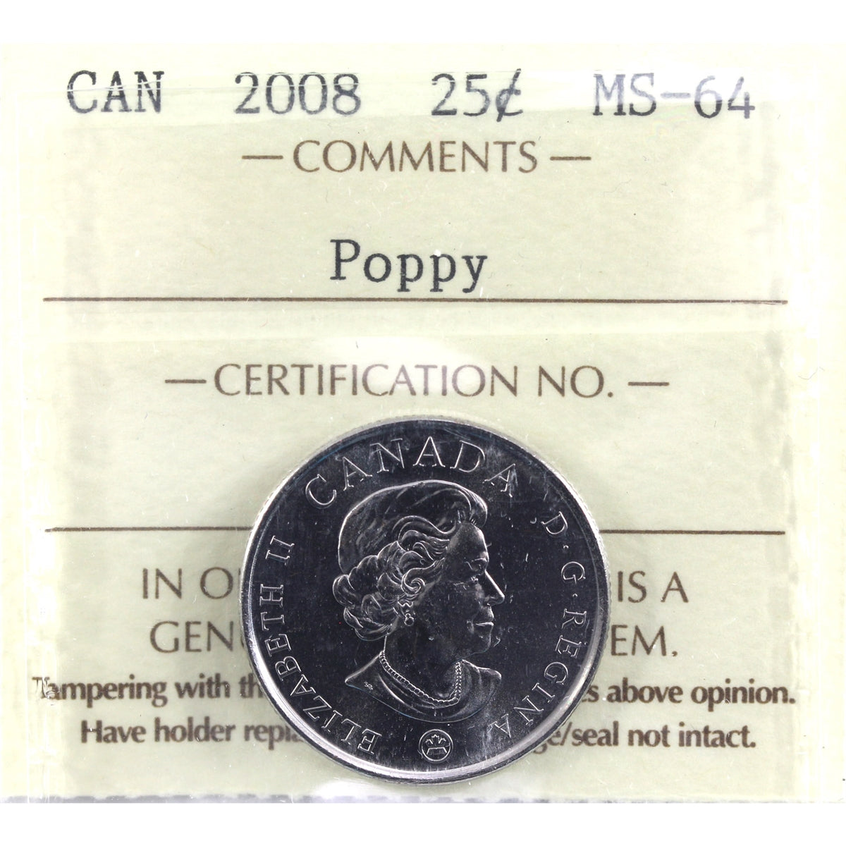 2008 Poppy Canada 25-cents ICCS Certified MS64