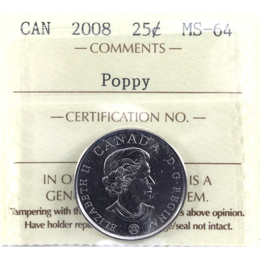 2008 Poppy Canada 25-cents ICCS Certified MS64