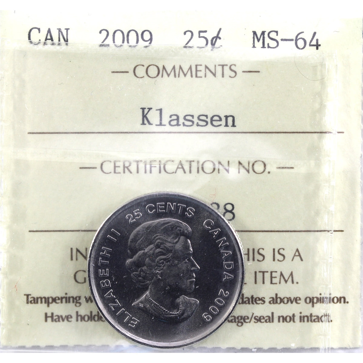 2009 Cindy Klassen Canada 25-cents ICCS Certified MS64