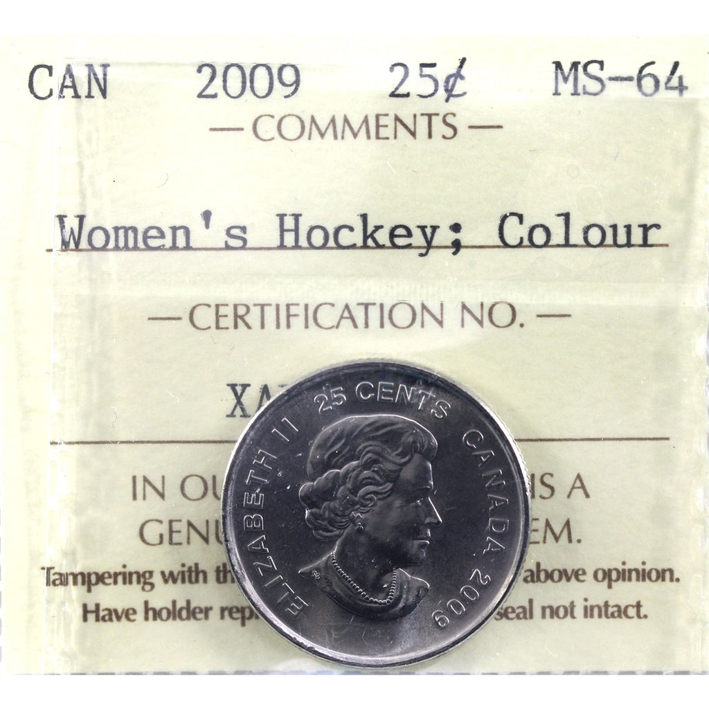 2009 Women's Hockey Coloured Canada 25-cents ICCS Certified MS64
