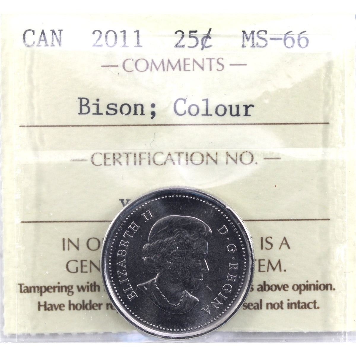 2011 Bison Coloured Canada 25-cents ICCS Certified MS66