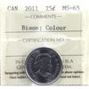 2011 Bison Coloured Canada 25-cents ICCS Certified MS65