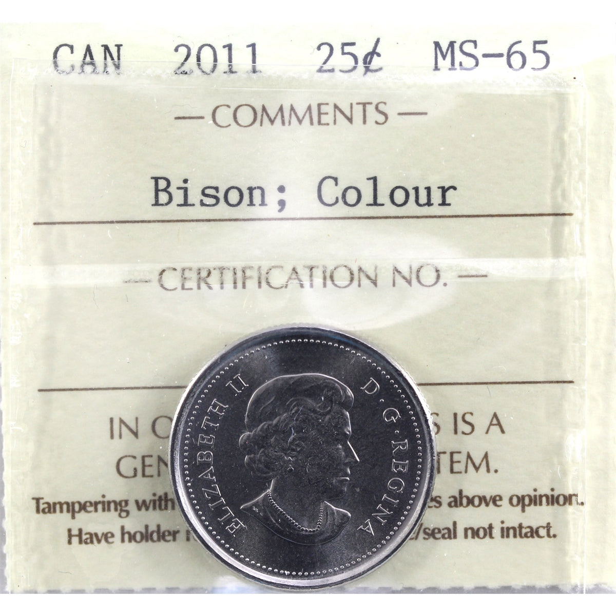2011 Bison Coloured Canada 25-cents ICCS Certified MS65