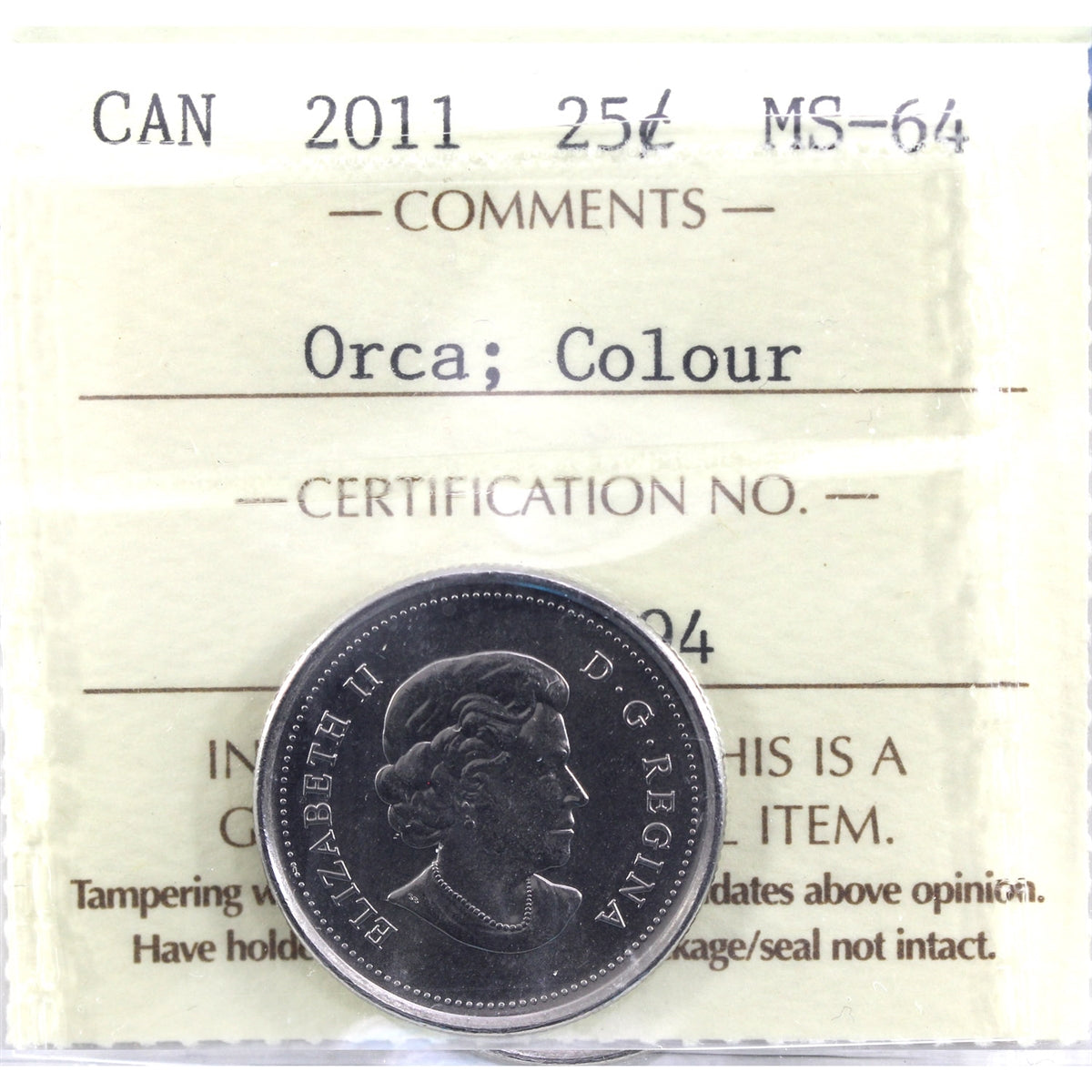 2011 Orca Coloured Canada 25-cents ICCS Certified MS64