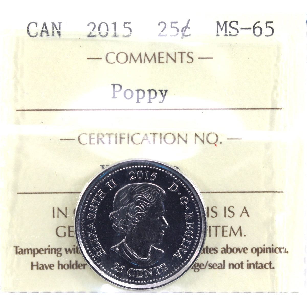 2015 Poppy Canada 25-cents ICCS Certified MS65