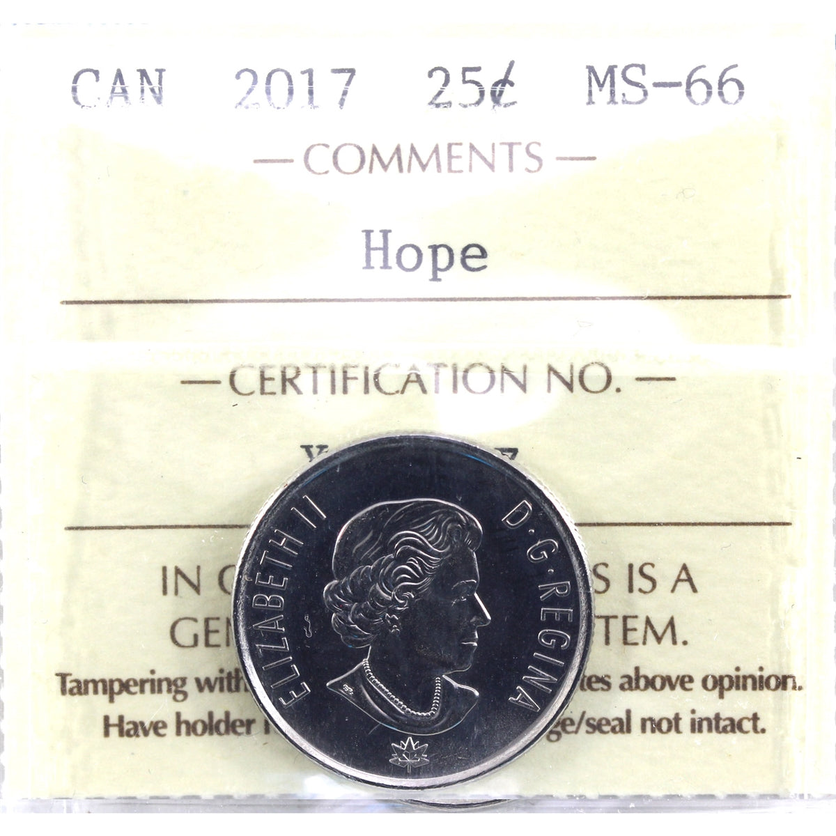 2017 150th (Hope) Canada 25-cents ICCS Certified MS66