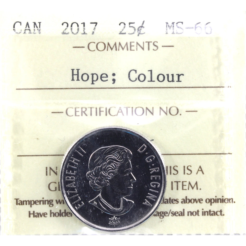 2017 150th (Hope) Coloured Canada 25-cents ICCS Certified MS66