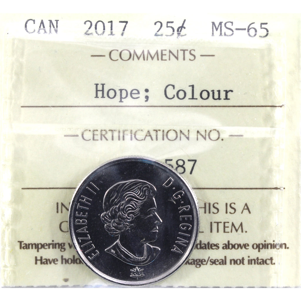 2017 150th (Hope) Coloured Canada 25-cents ICCS Certified MS65