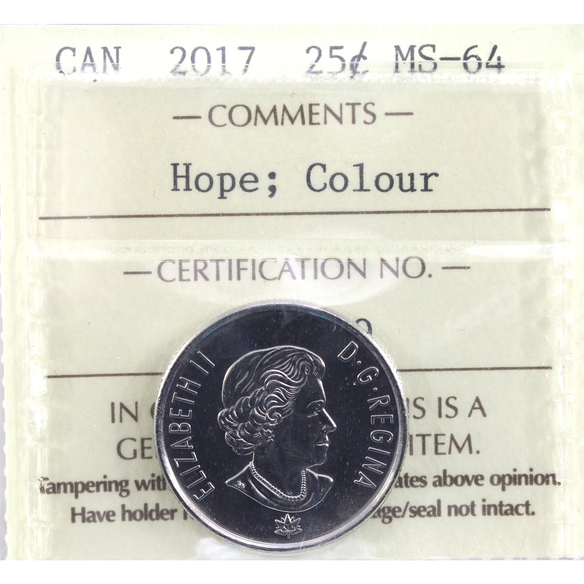 2017 150th (Hope) Coloured Canada 25-cents ICCS Certified MS64
