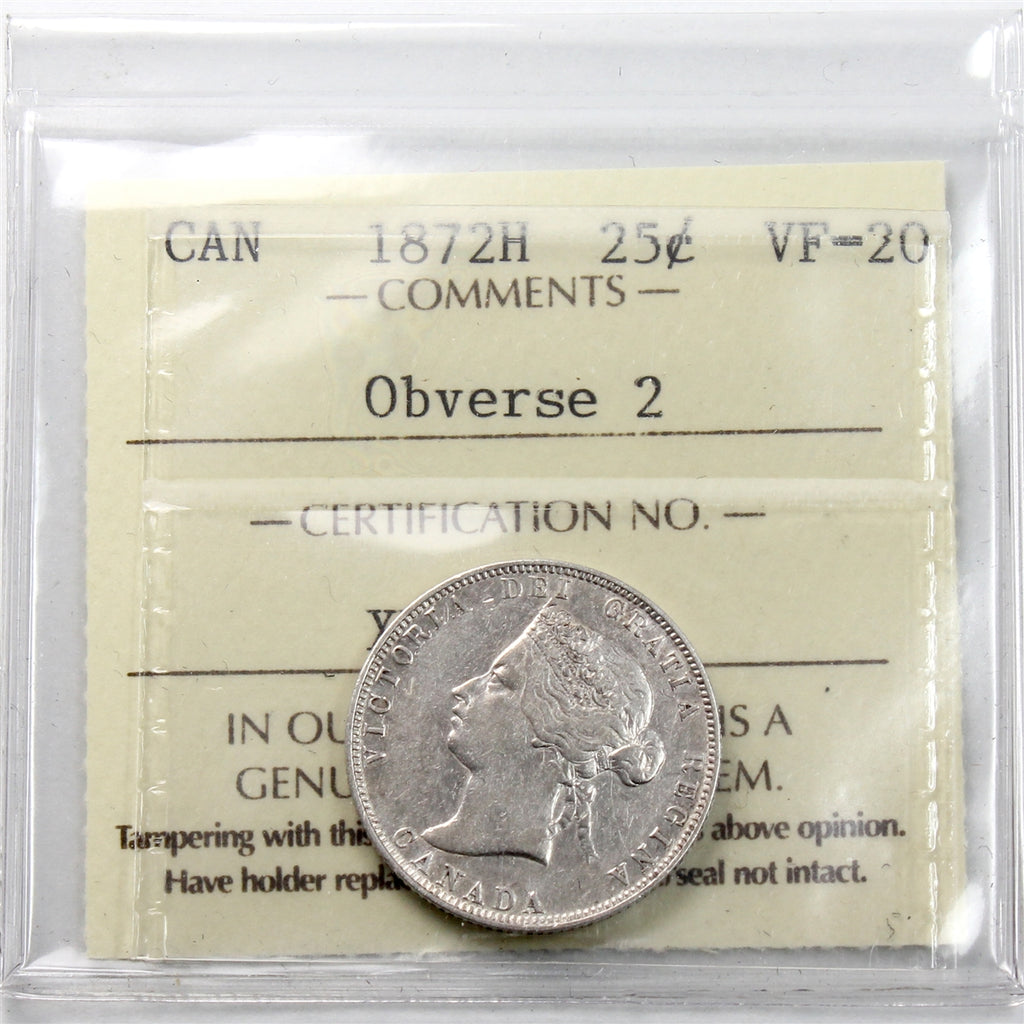 1872H Obv. 2 Canada 25-cents ICCS Certified VF20