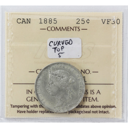 1885 Curved Top 5 Canada 25-cents ICCS Certified VF-30