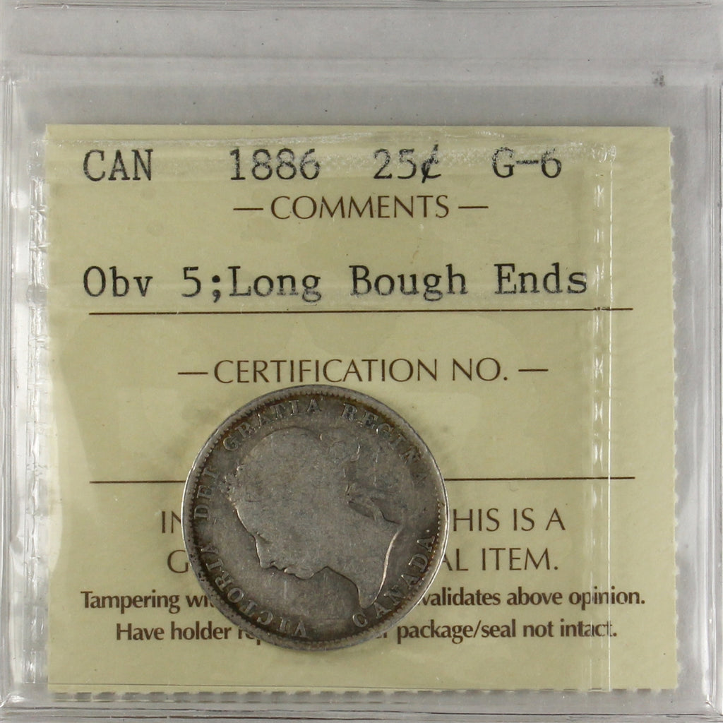 1886 Long Bough Ends, Obv. 5 Canada 25-cents ICCS Certified G6