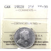 1902H Canada 25-cents ICCS Certified VF30