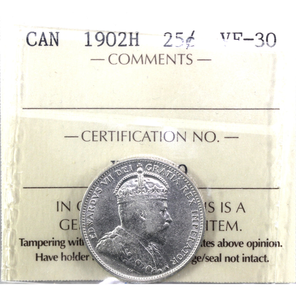1902H Canada 25-cents ICCS Certified VF30