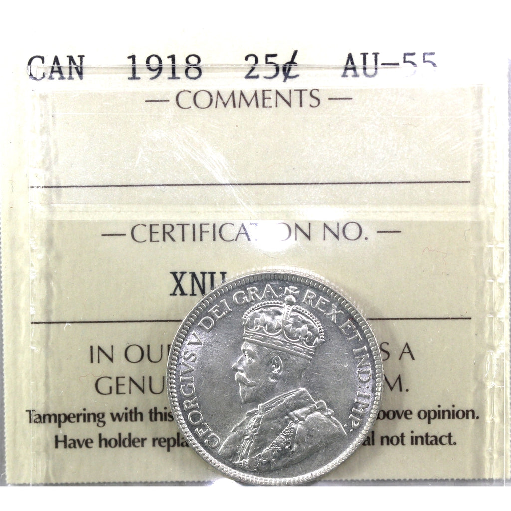 1918 Canada 25-cents ICCS Certified AU55