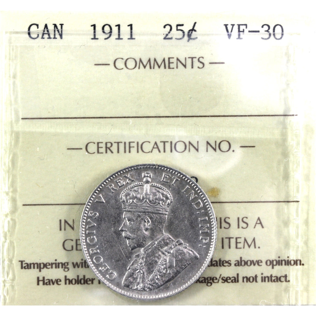 1911 Canada 25-cents ICCS Certified VF30