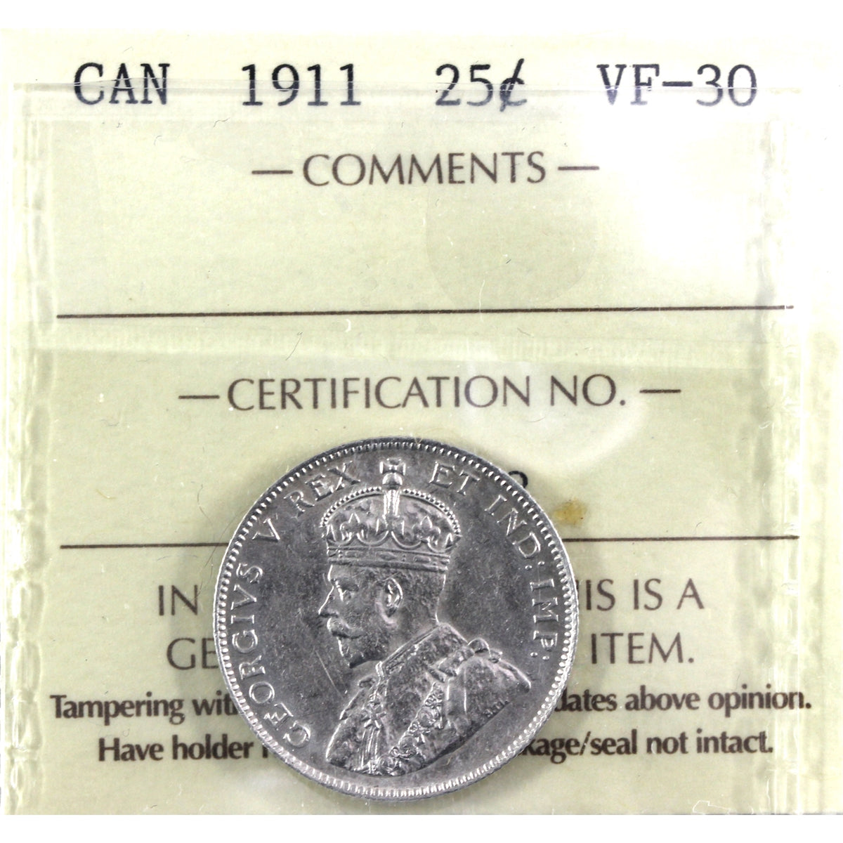 1911 Canada 25-cents ICCS Certified VF30