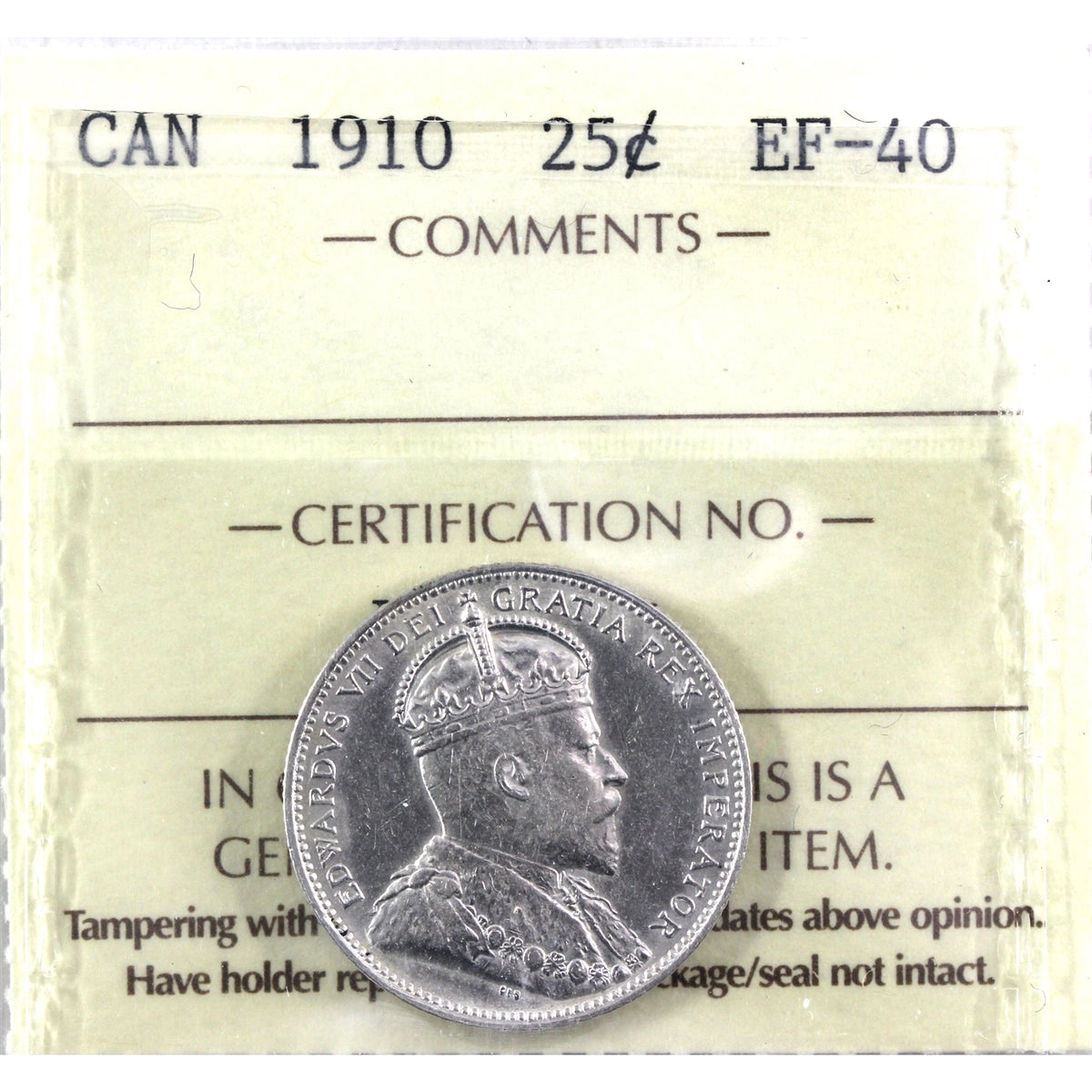 1910 Canada 25-cents ICCS Certified EF40